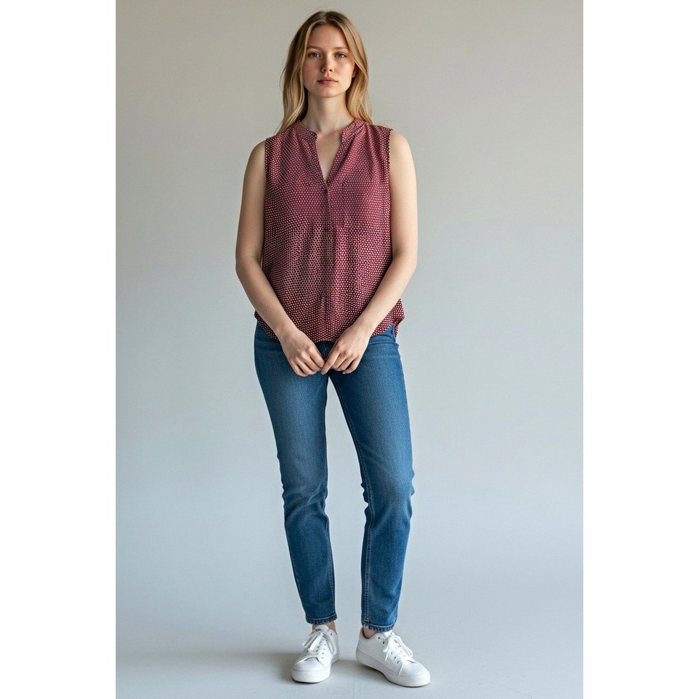 Gap Women’s Red White Geometric Woven Cotton Sleeveless V-Neck Blouse M